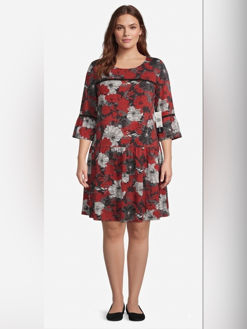 PERCEPTIONS Floral Shift Dress in Red Rust, Gray & Black